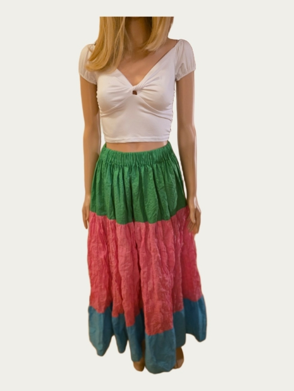 Boho Tiered Color-Block Maxi Skirt Green Pink Blue Sequins  EUC